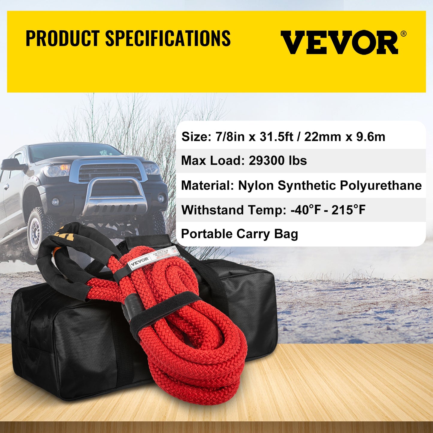 VEVOR Recovery Tow Rope Heavy Duty Nylon Double Braided Kinetic Energy Rope w/ Loops an and Protective Sleeves for Truck ATV UTV