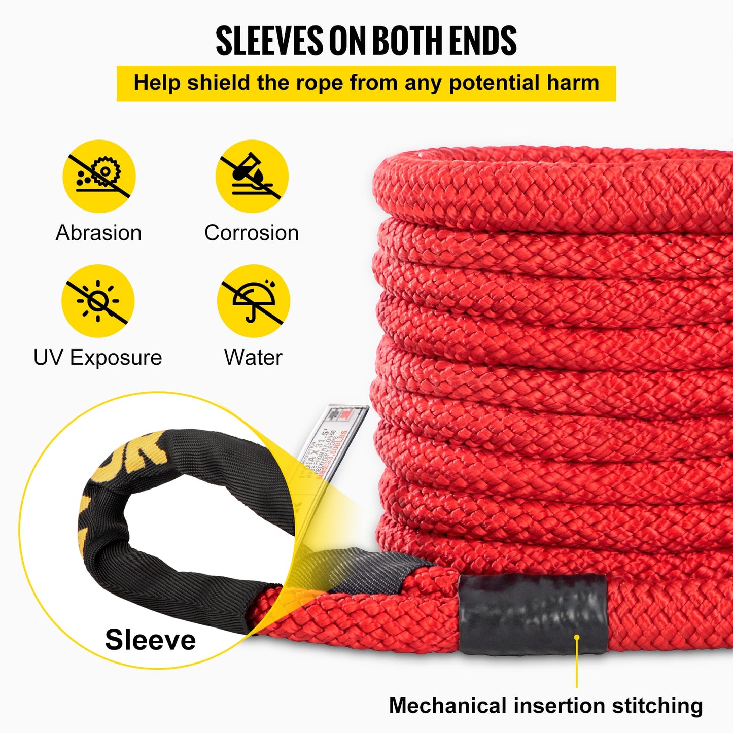 VEVOR Recovery Tow Rope Heavy Duty Nylon Double Braided Kinetic Energy Rope w/ Loops an and Protective Sleeves for Truck ATV UTV